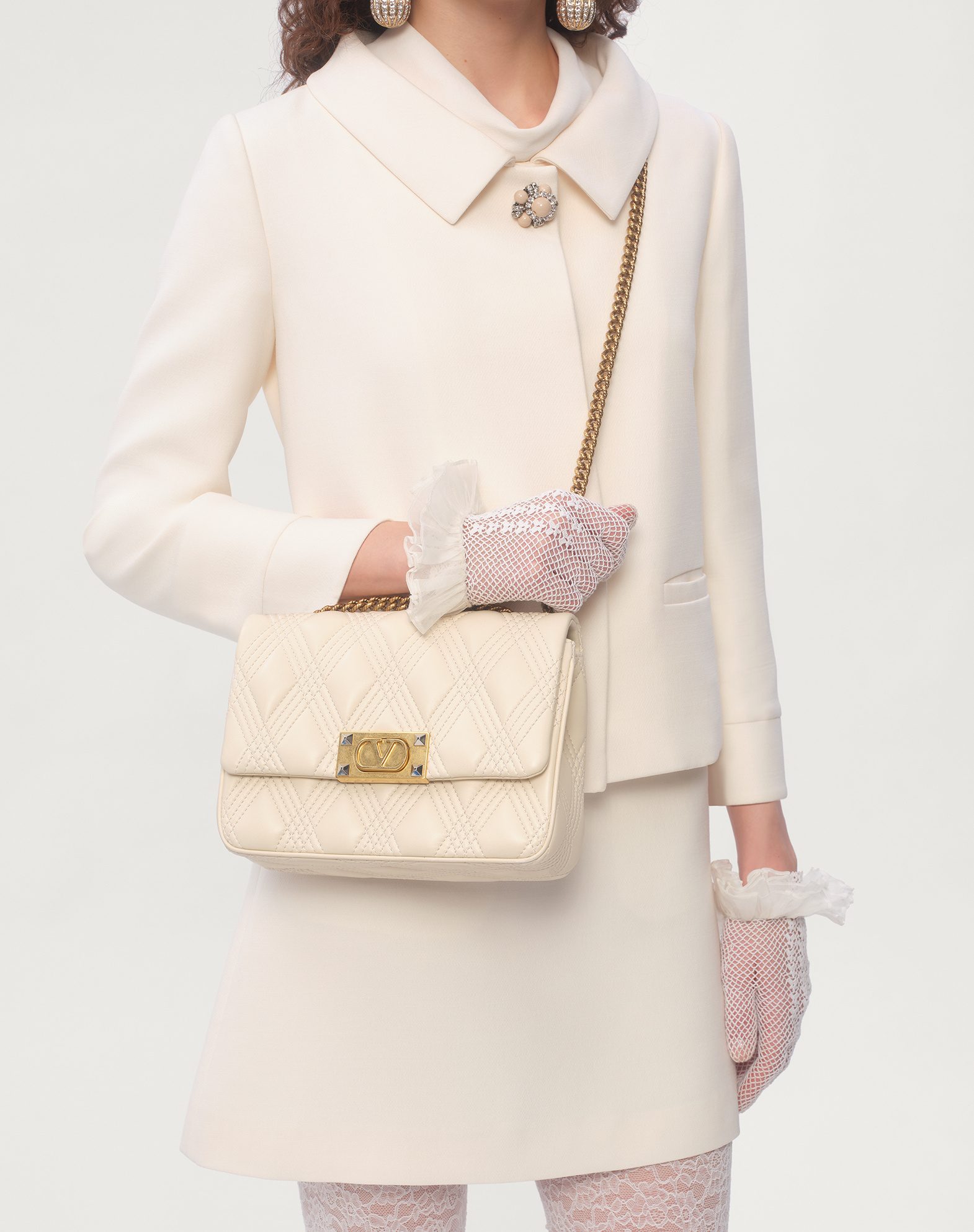 Valentino Garavani White Jacket With Spread Collar And Front Jewel Button In Wool And Silk Woman In White