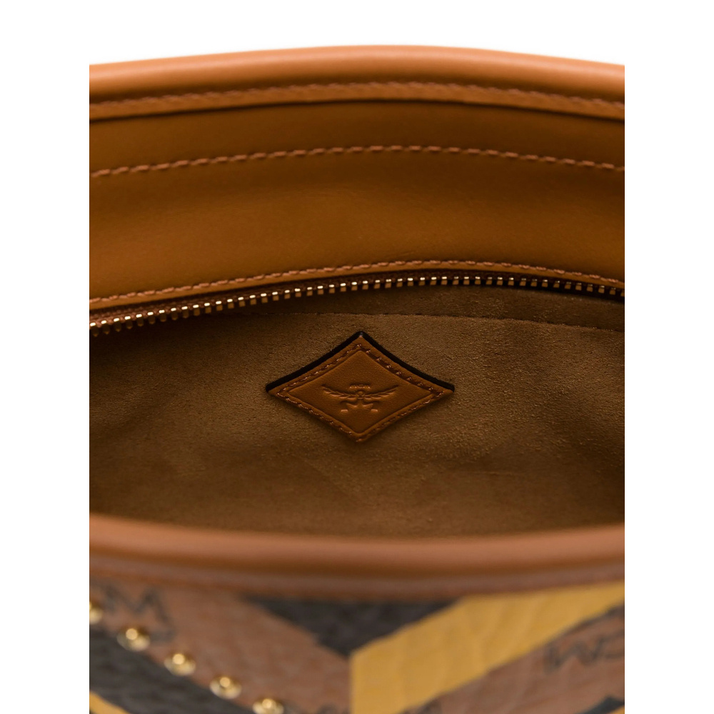 Mcm Chevron-pattern Studded Tote Bag In Brown