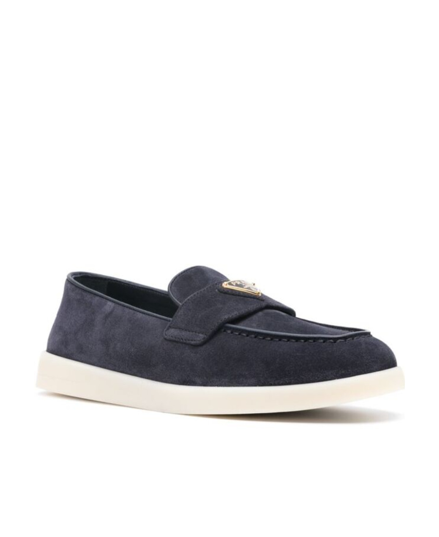Prada Enamel Triangle Logo Suede Loafers In Blue
