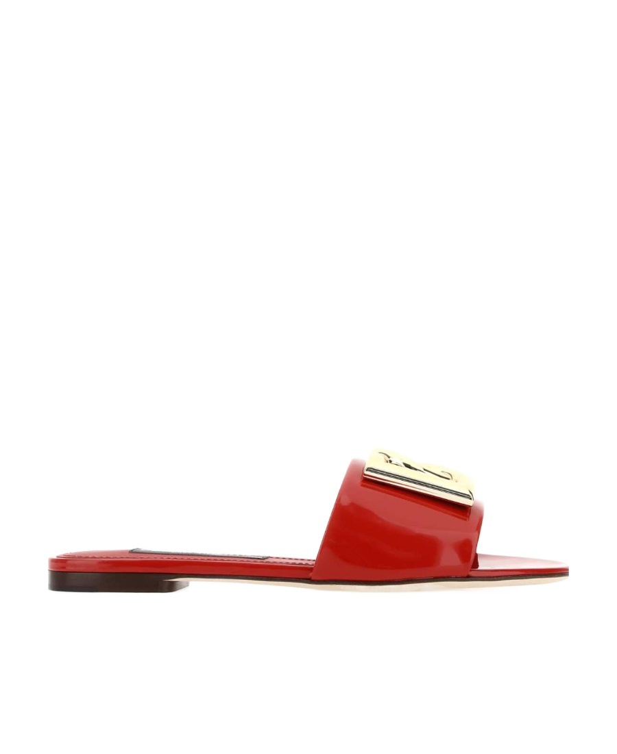Dolce & Gabbana Bianca Dg Logo Flat Sandals In Polished Leather In Red