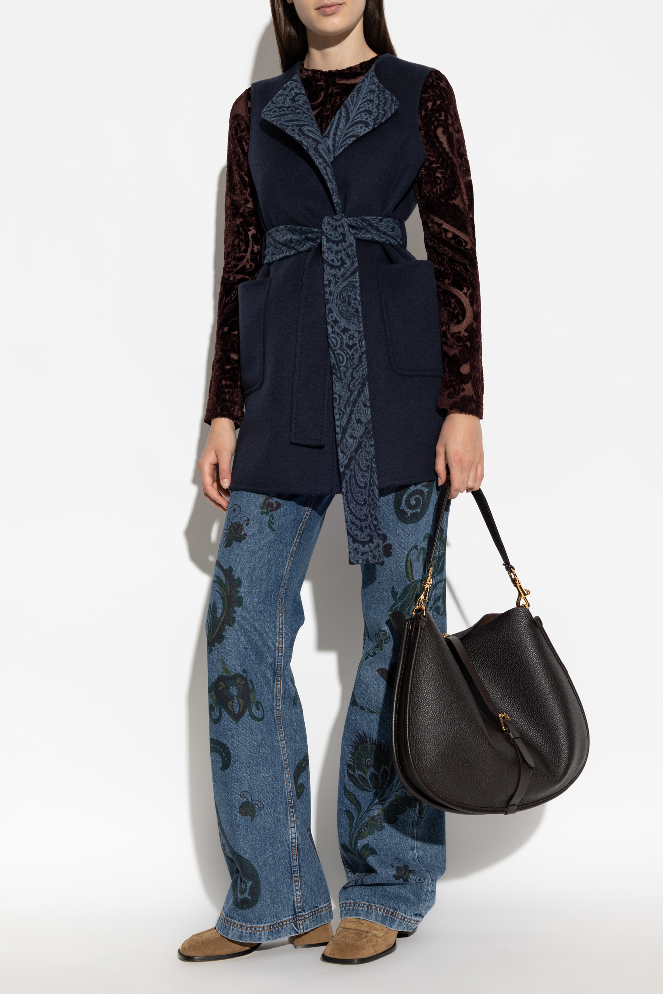 Etro Long Wool And Cashmere Jacquard Waistcoat In Blue