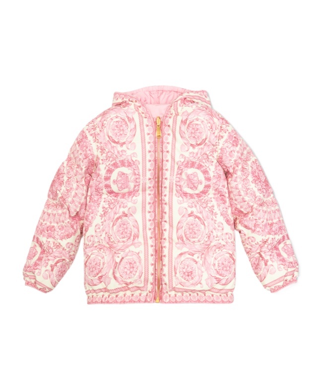 Versace Kids All-over Printed Zip-up Hooded Jacket In Pink