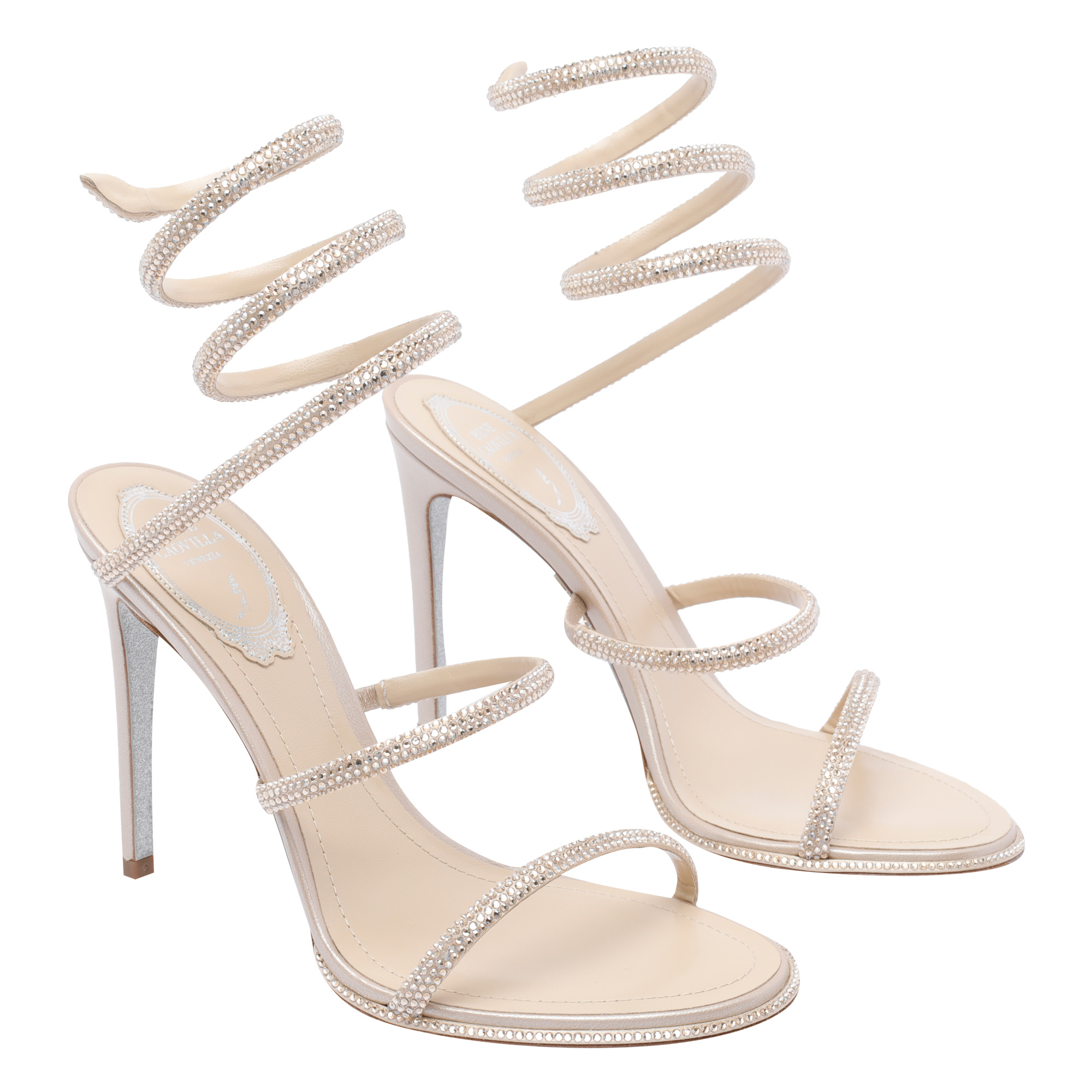 René Caovilla Beige Leather Sandals In Silver