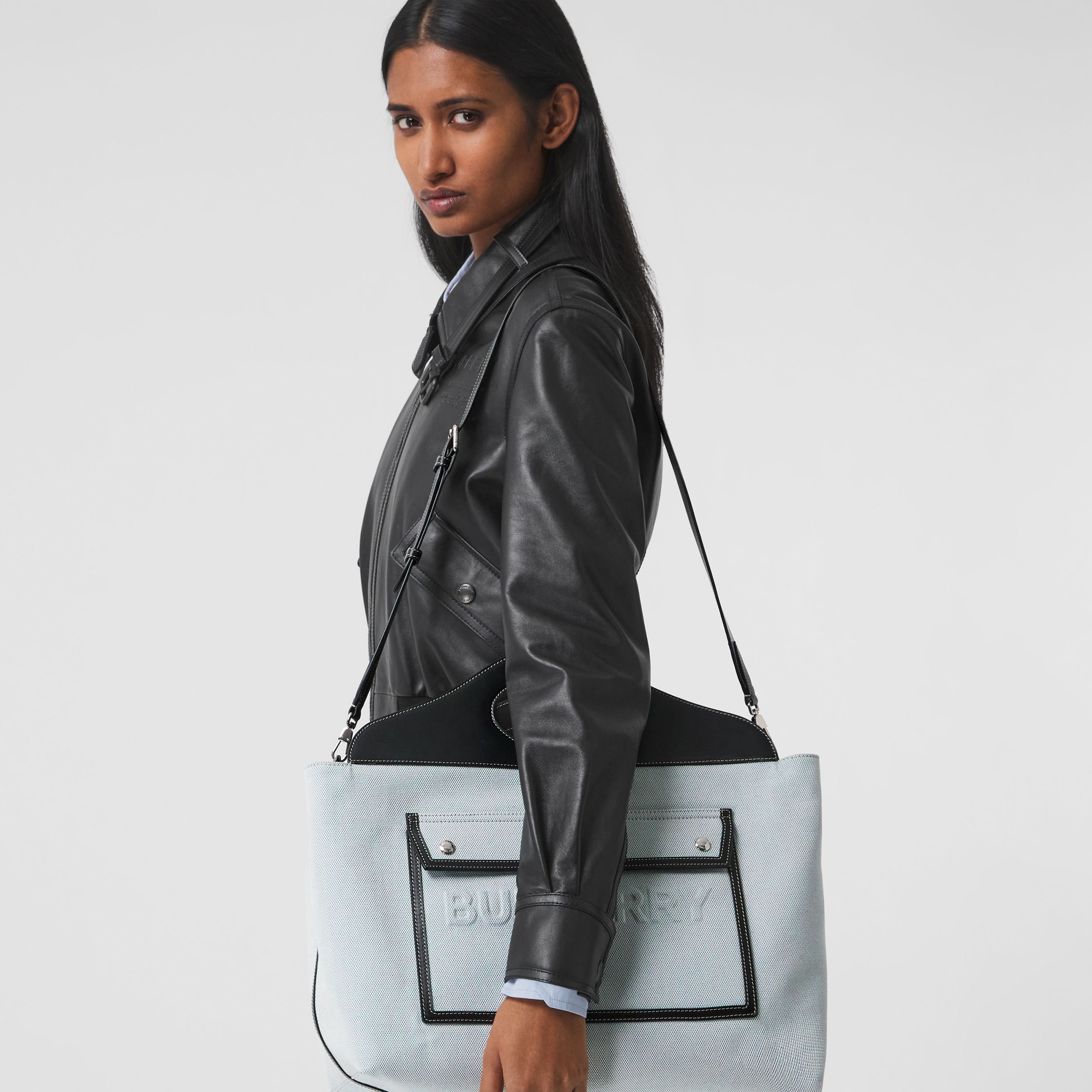 Burberry Medium Cotton Canvas Parquet Leather Soft Pocket Todd Handbag In White