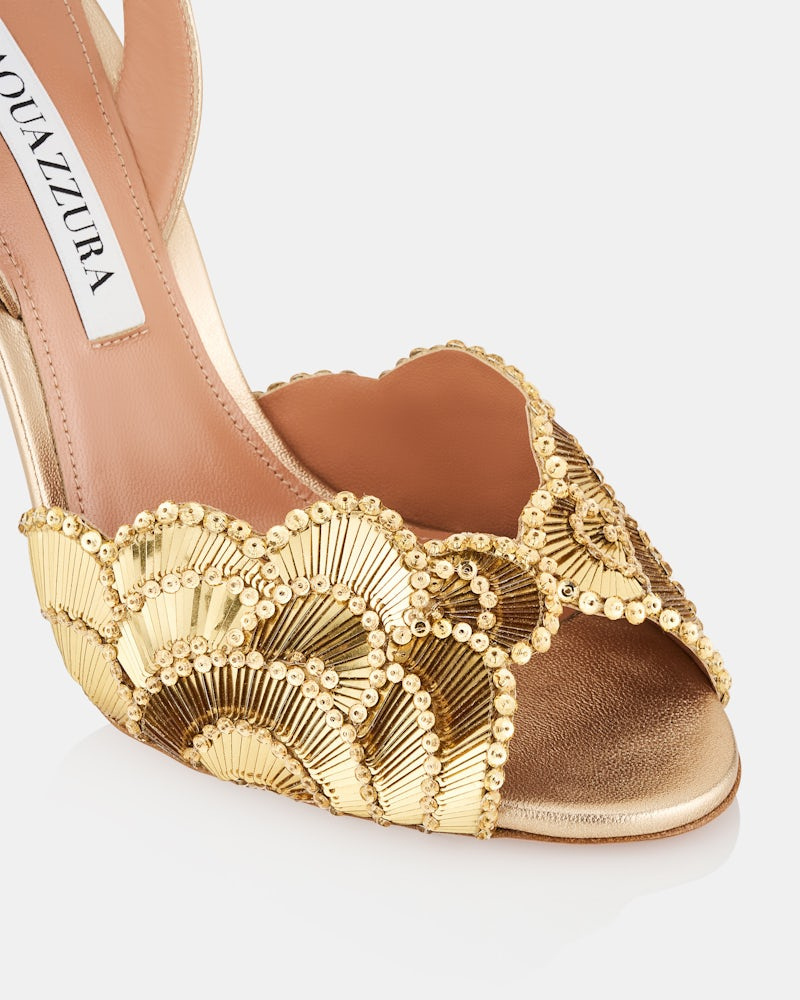 Aquazzura 105mm Ce Soir Sequined Leather Slingback Sandals In Gold