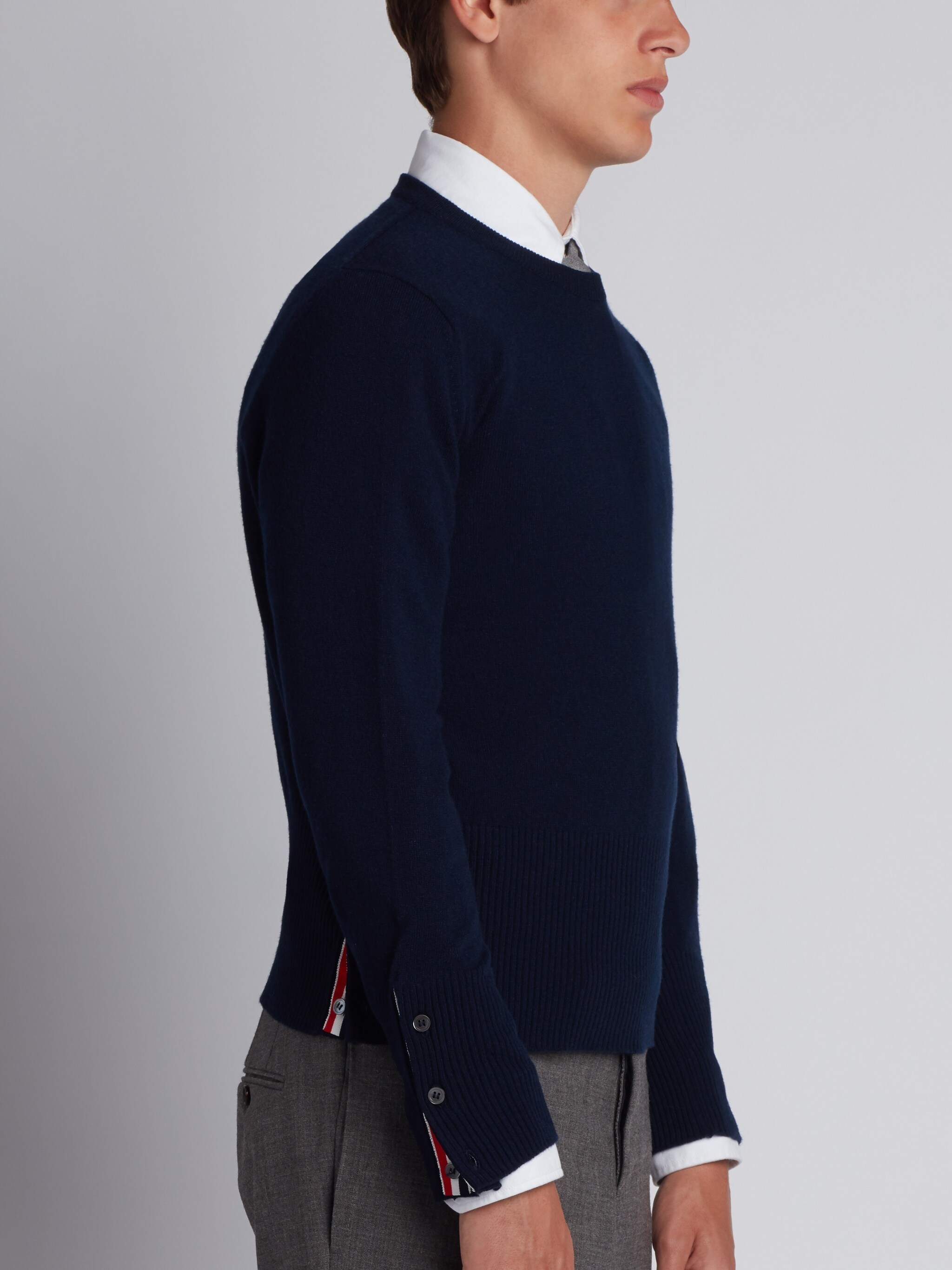 Thom Browne Ribbed Crewneck Sweater Striped Sleeves In Black