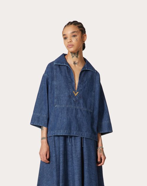 Valentino Chambray Denim Kaftan Top In Blue