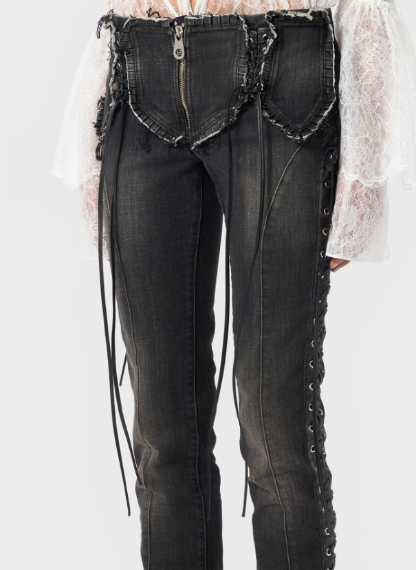 Blumarine Flared Hem Trousers With Lace-up And Frayed Edges In Black