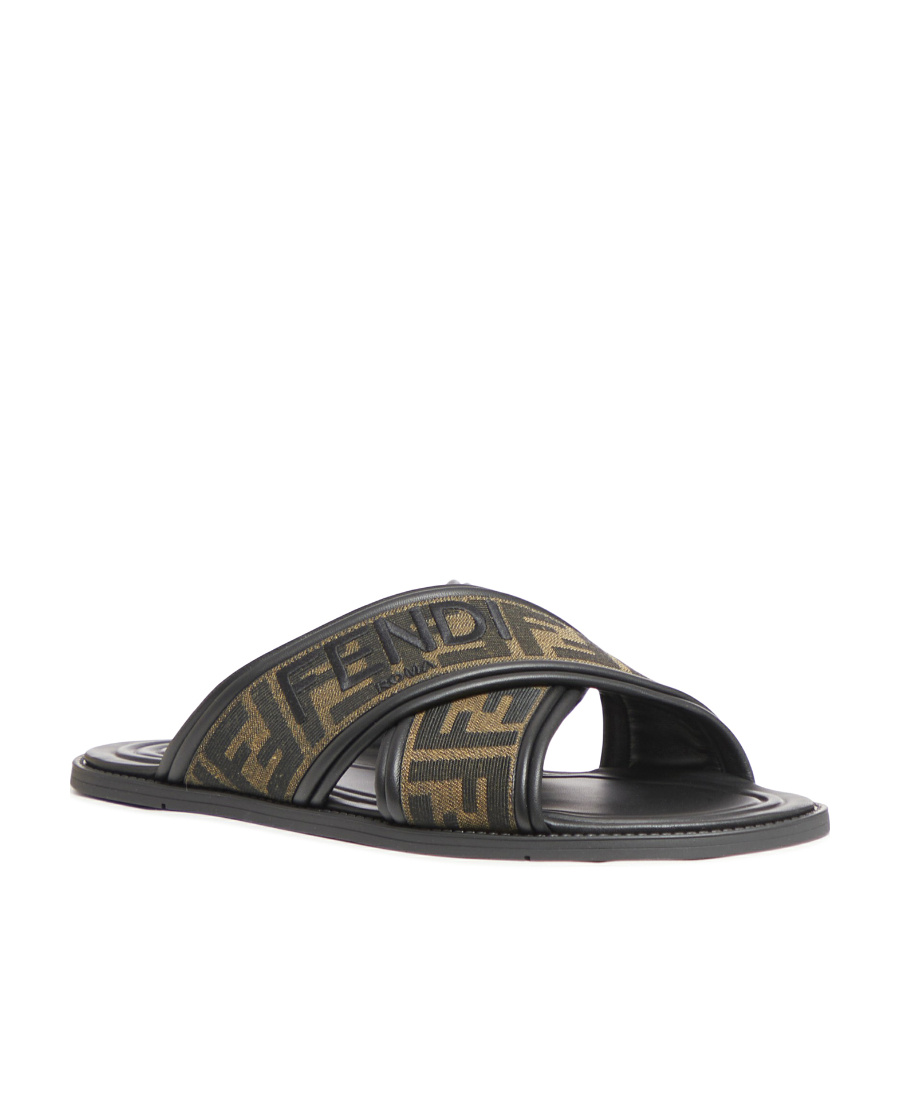 Fendi Logo-embroidered Crossover Strap Slides In Black