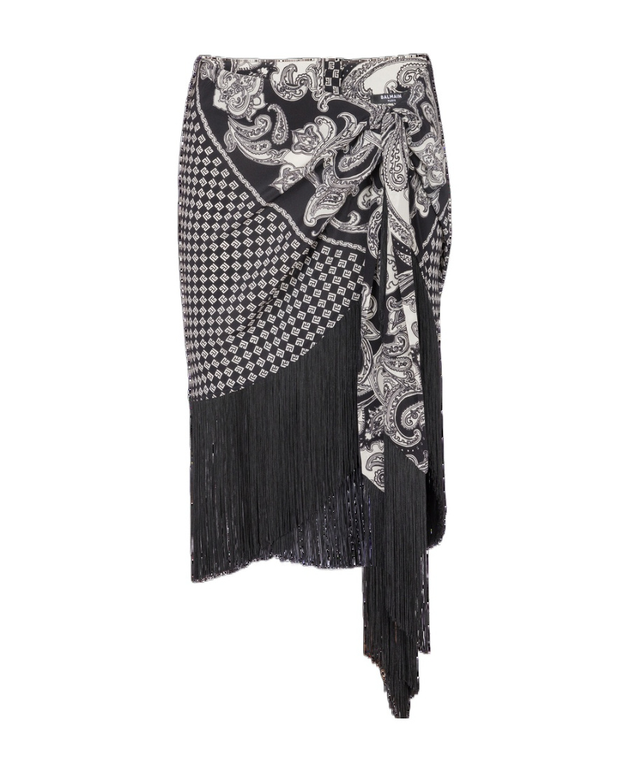 Balmain Fringed Paisley-print Silk Miniskirt In Black