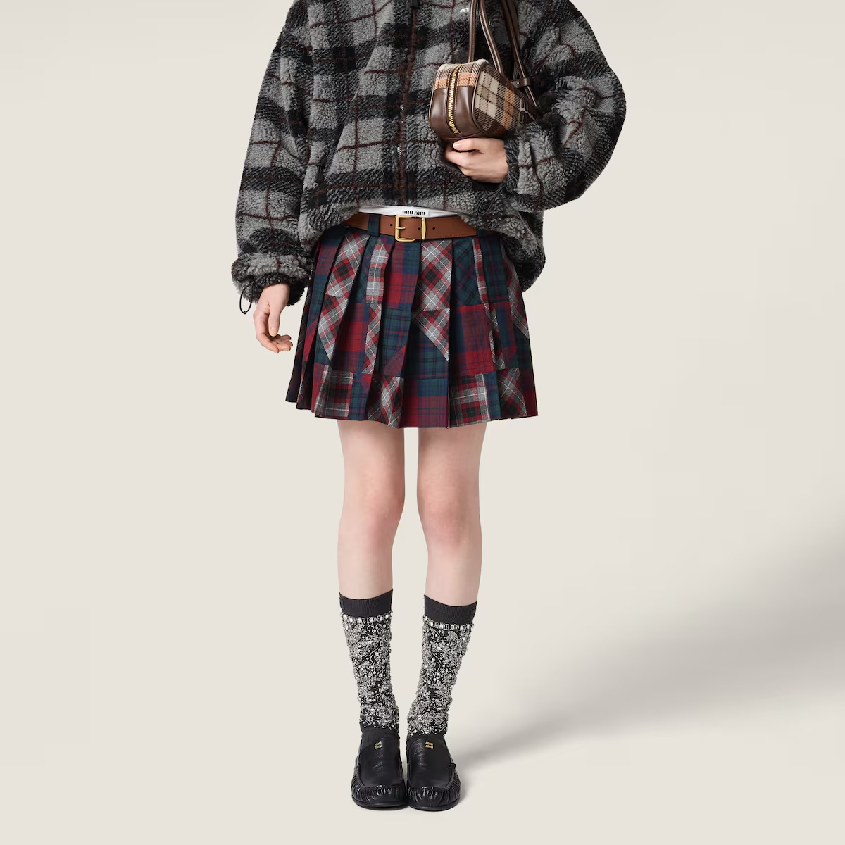 Miu Miu Pleated Plaid Patchwork Mini Skirt In Multi