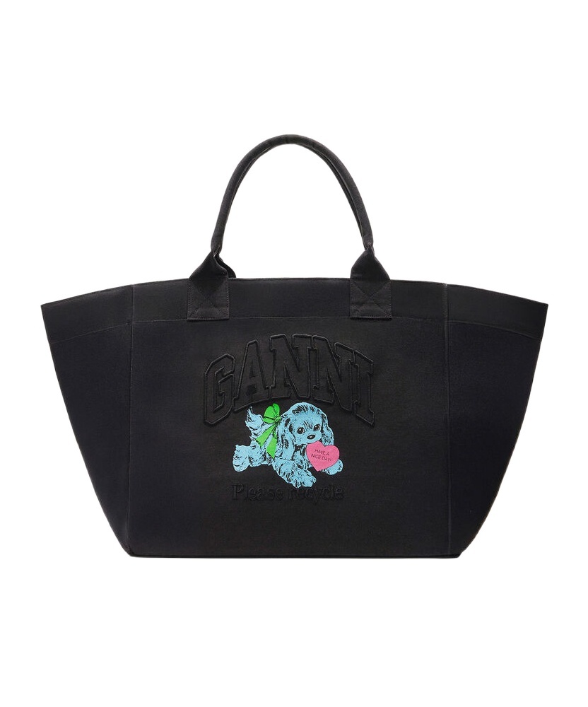 Ganni Black Puppy Xxl Canvas Tote Bag