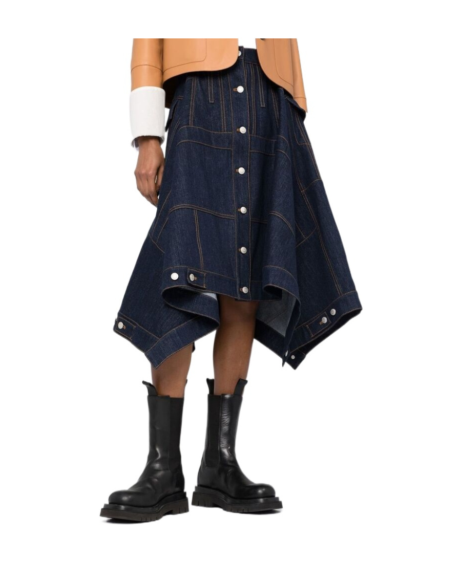 Alexander Mcqueen Full Denim Midi Skirt In Blue
