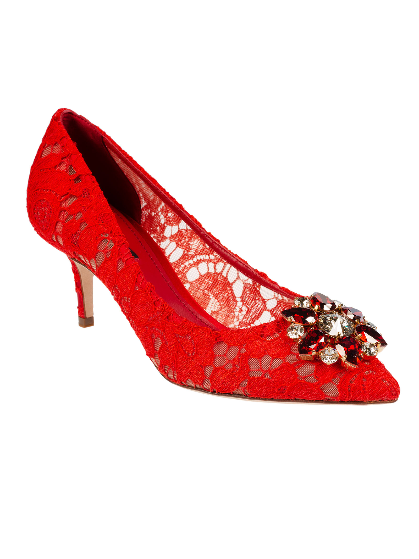 Dolce & Gabbana Bellucci 60 Brooch Embellished Lace Pumps In Red