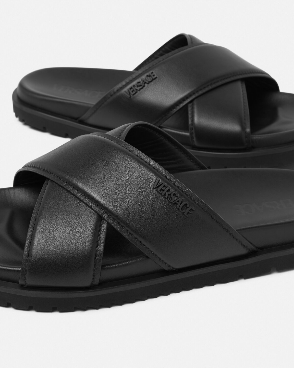 Versace Logo-lettering Leather Slides In Black