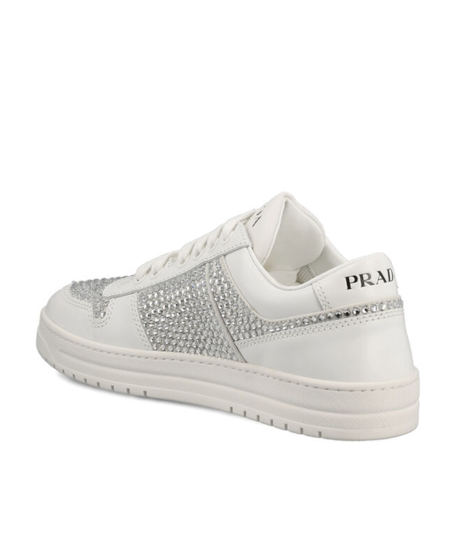 Prada Downtown Crystal-embellished Leather Sneakers In White