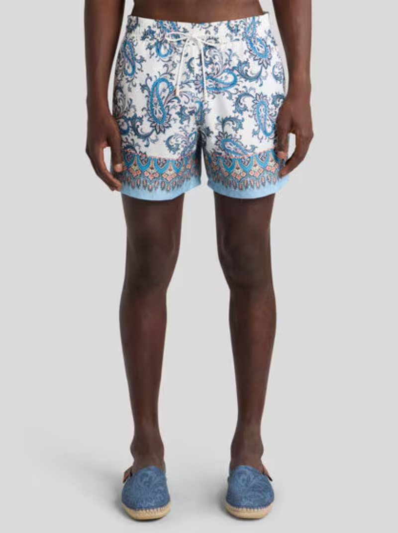 Etro Swim Shorts With Placed Leafy Paisley Print In Blue