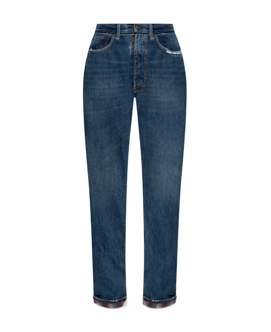 Maison Margiela Logo-patch Ripped-detailing Wide-leg Jeans In Blue