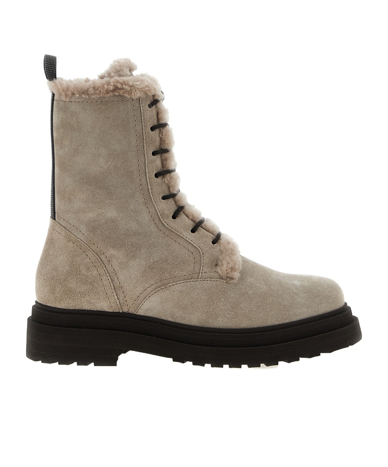 Brunello Cucinelli Suede Boot With Shearling Lining And Shiny Loop Detail In Neutral