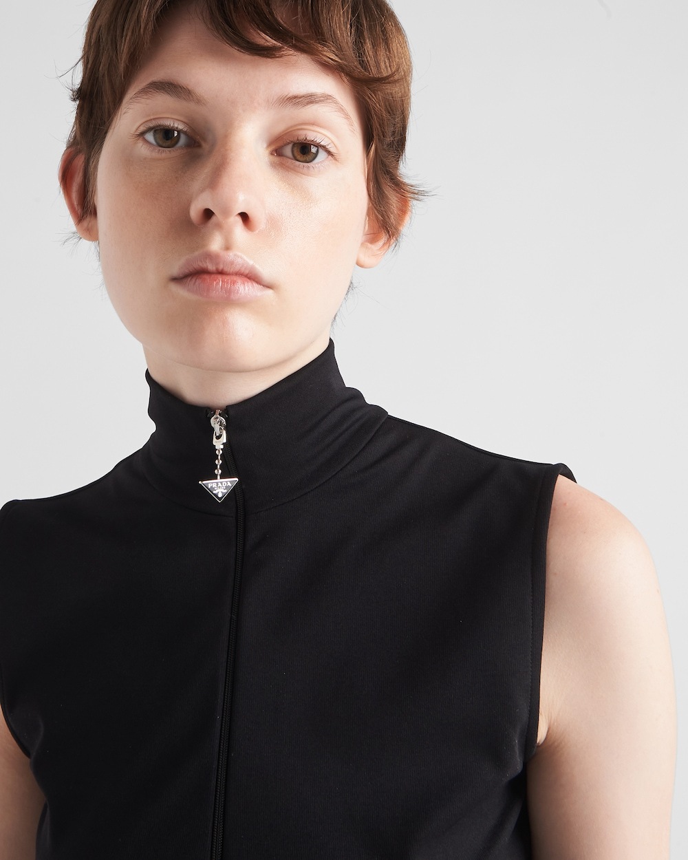 Prada Half Zip Sleeveless Crop Top In Black