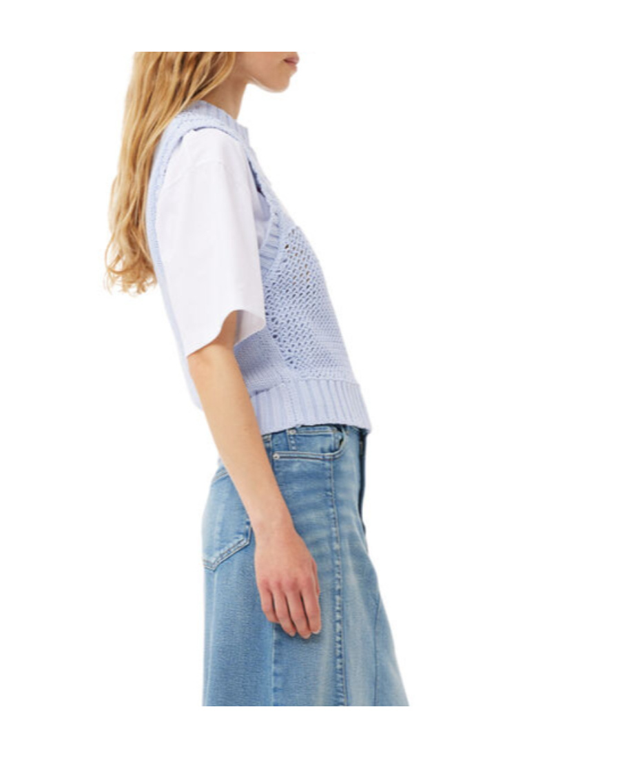 Ganni Intarsia-knit Logo-organic-cotton Vest In Blue