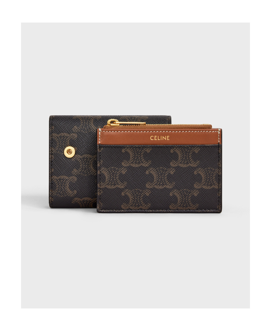 Celine Triomphe Small Wallet In Brown Canvas With Leather Trims For Women In Brown
