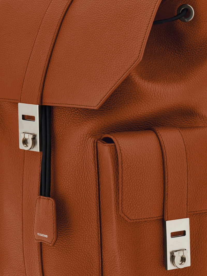 Ferragamo Drawstring Leather Backpack In Brown