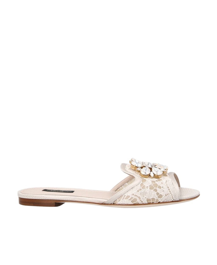 Dolce & Gabbana Lace Sliders With Crystals In Nude