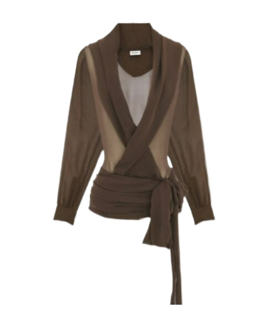 Saint Laurent Hooded Organic Silk Blouse In Brown