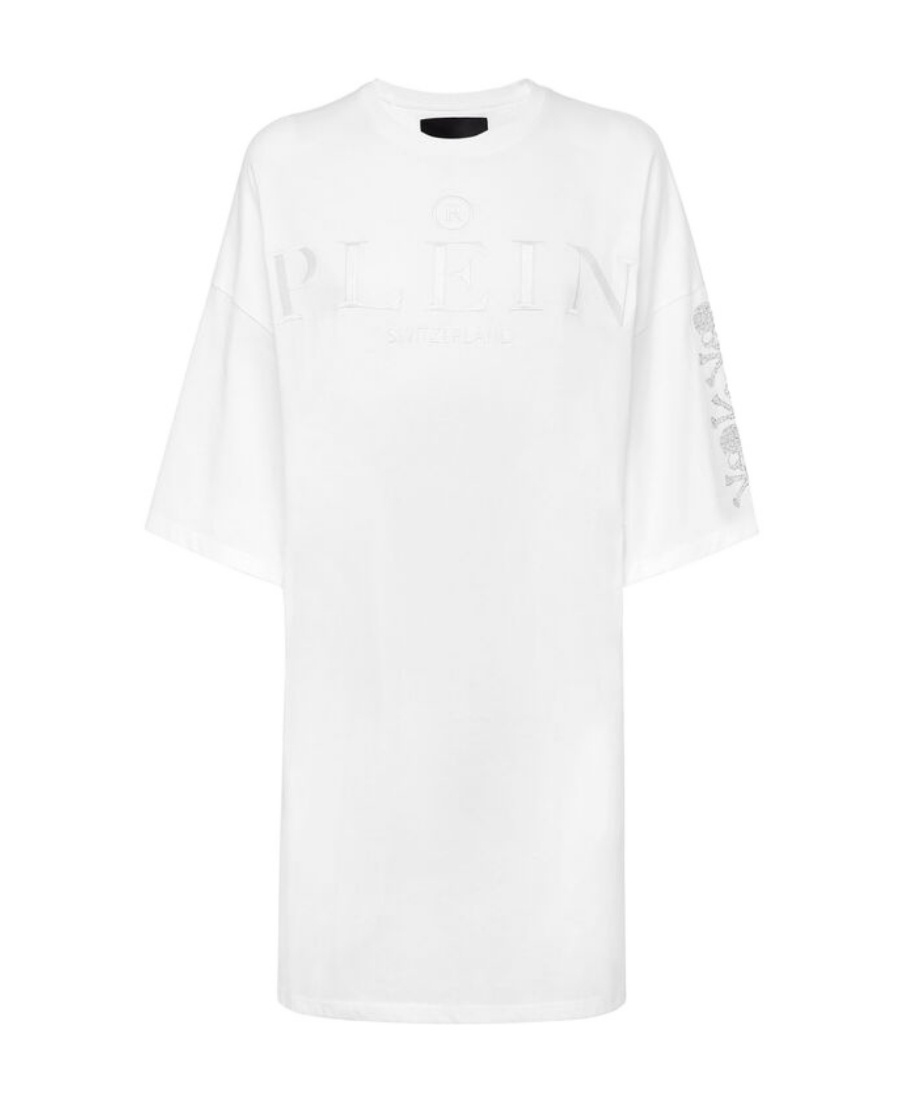Philipp Plein Crystal Skull T-shirt Dress In White