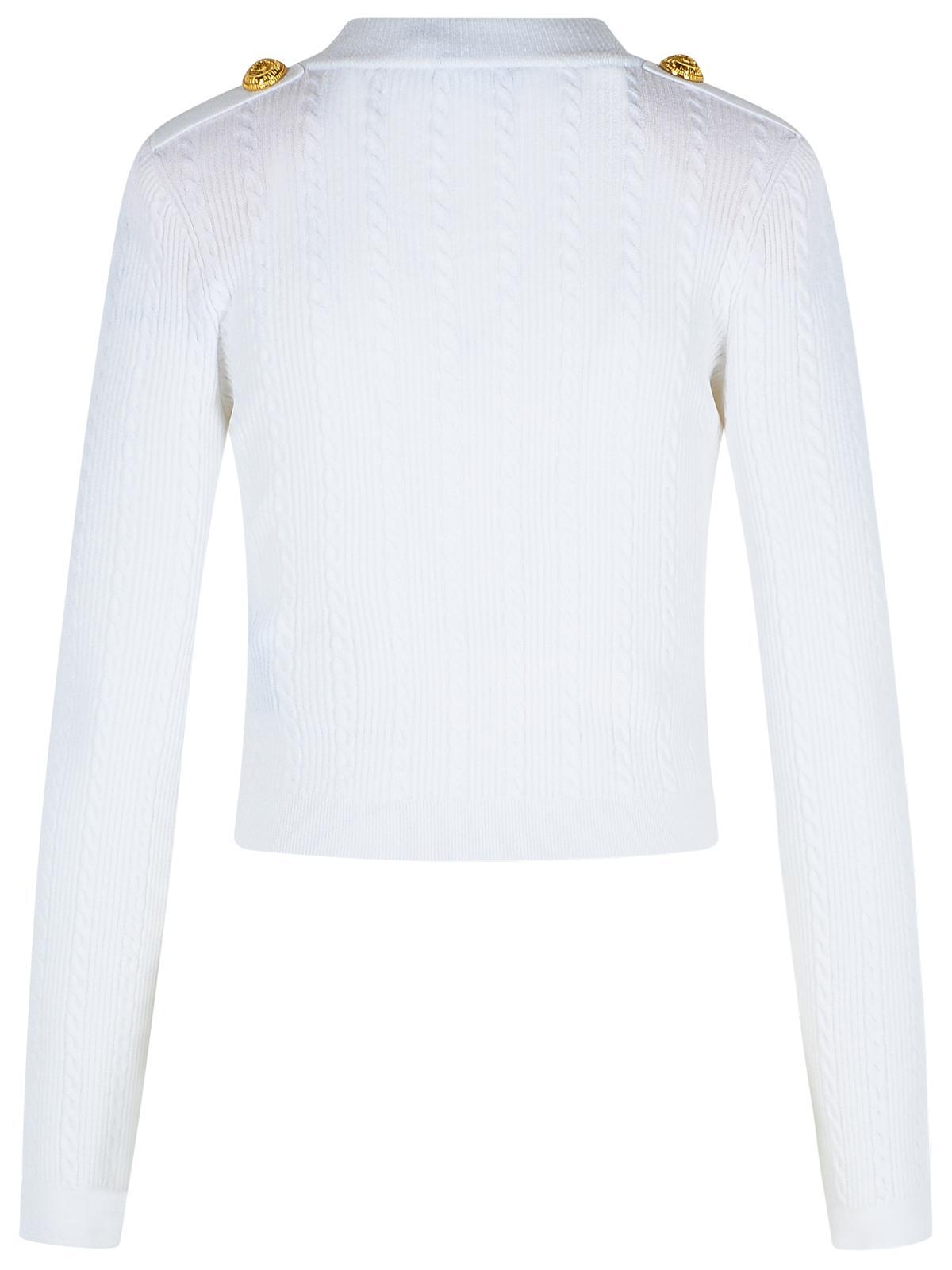 Balmain V-neck Cable Knit Cardigan With Gold-tone Buttons In White
