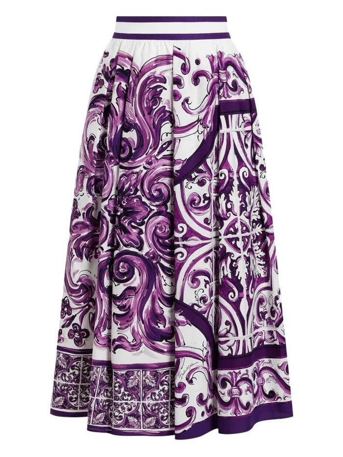 Dolce & Gabbana Women Maiolica Mix Print Poplin Pleated Skirt In Purple