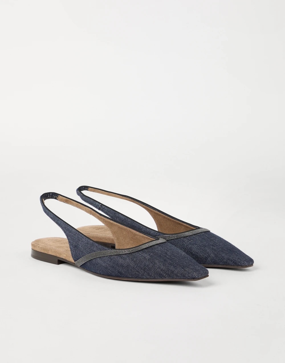 Brunello Cucinelli Monili Pointed Toe Slingback Flat In Blue
