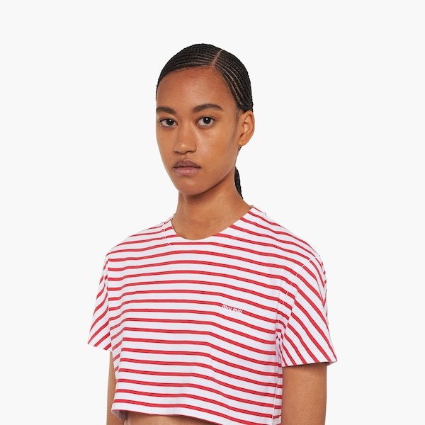 Miu Miu Striped Cropped T-shirt In White