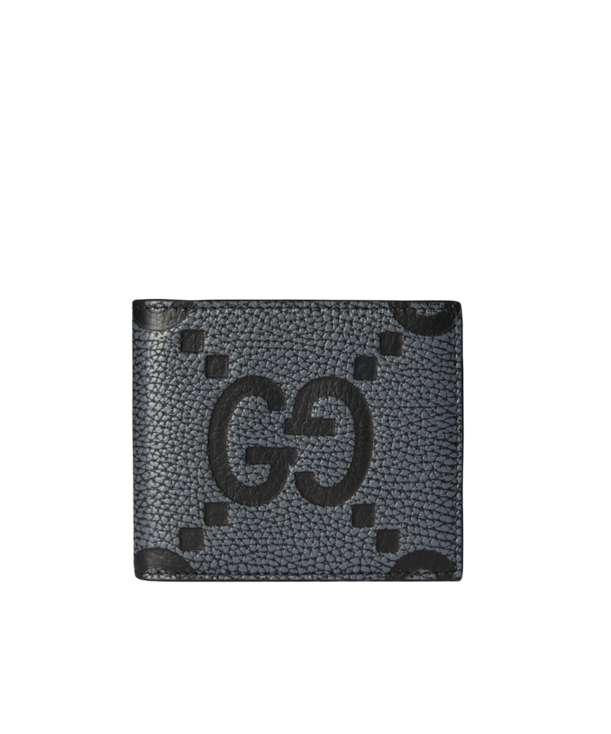 Gucci Mini Jumbo Gg Black Leather Wallet In Gray