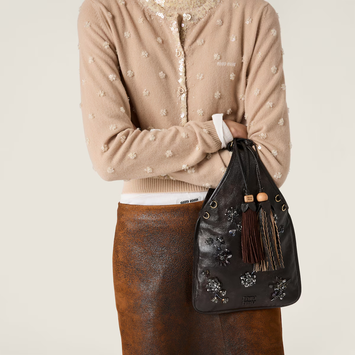 Miu Miu Embroidered Nappa Leather Handbag In Brown