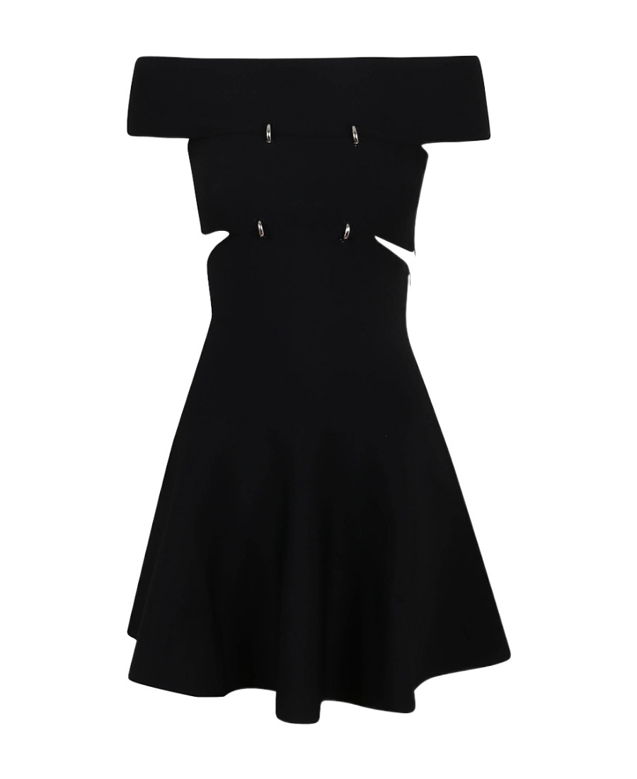 Shop Alexander Mcqueen Cut-out Off-shoulder Flared Mini Dress In Black