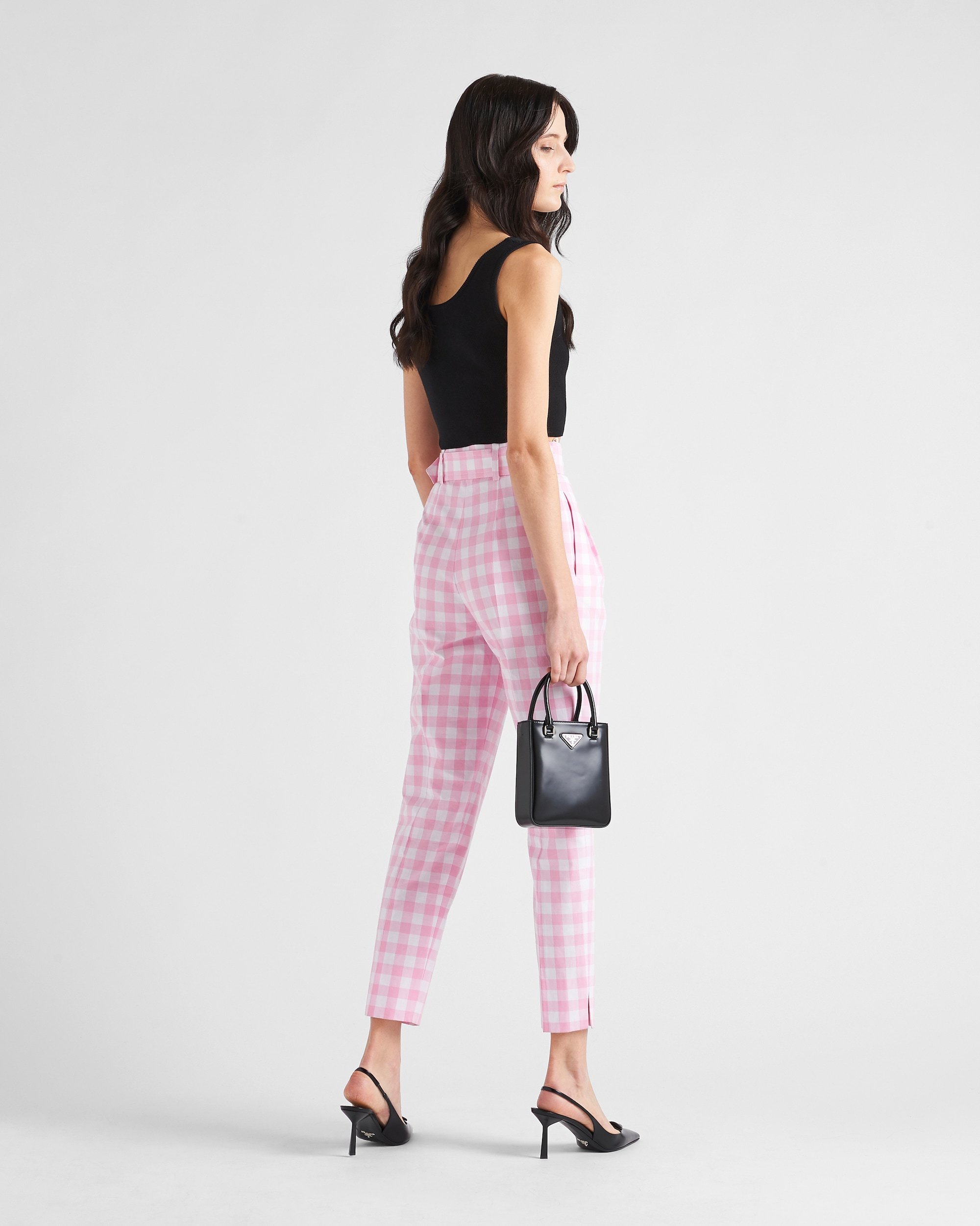Prada Cropped Gingham Check Pants In Pink