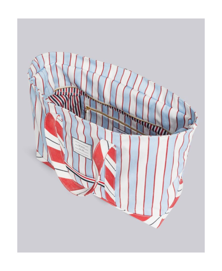 Thom Browne Logo Patch Striped Tote Bag In White