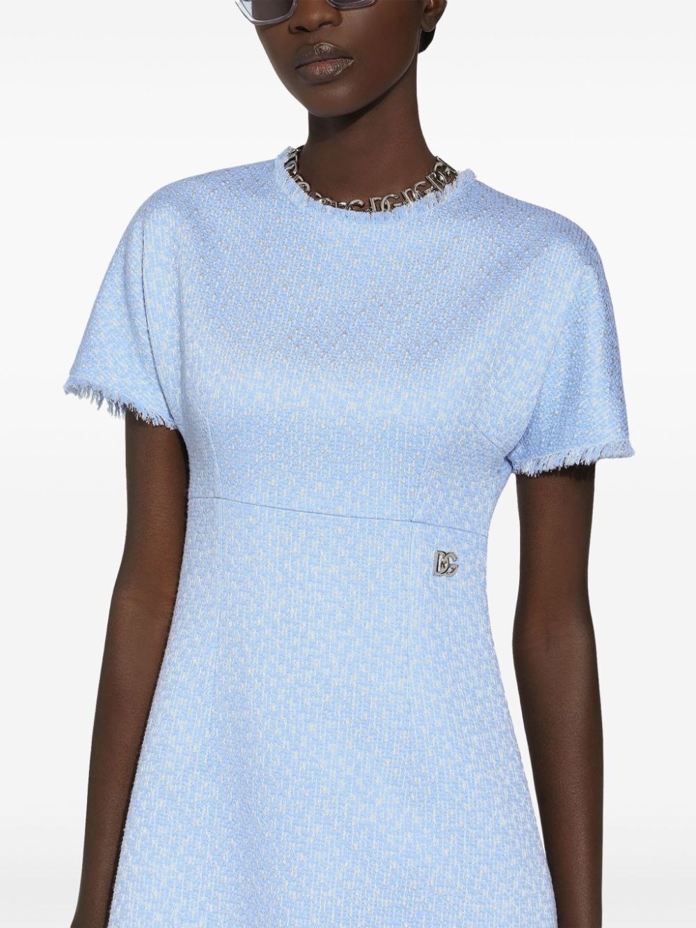 Dolce & Gabbana Raschel Tweed Midi Dress With Dg Logo In Blue