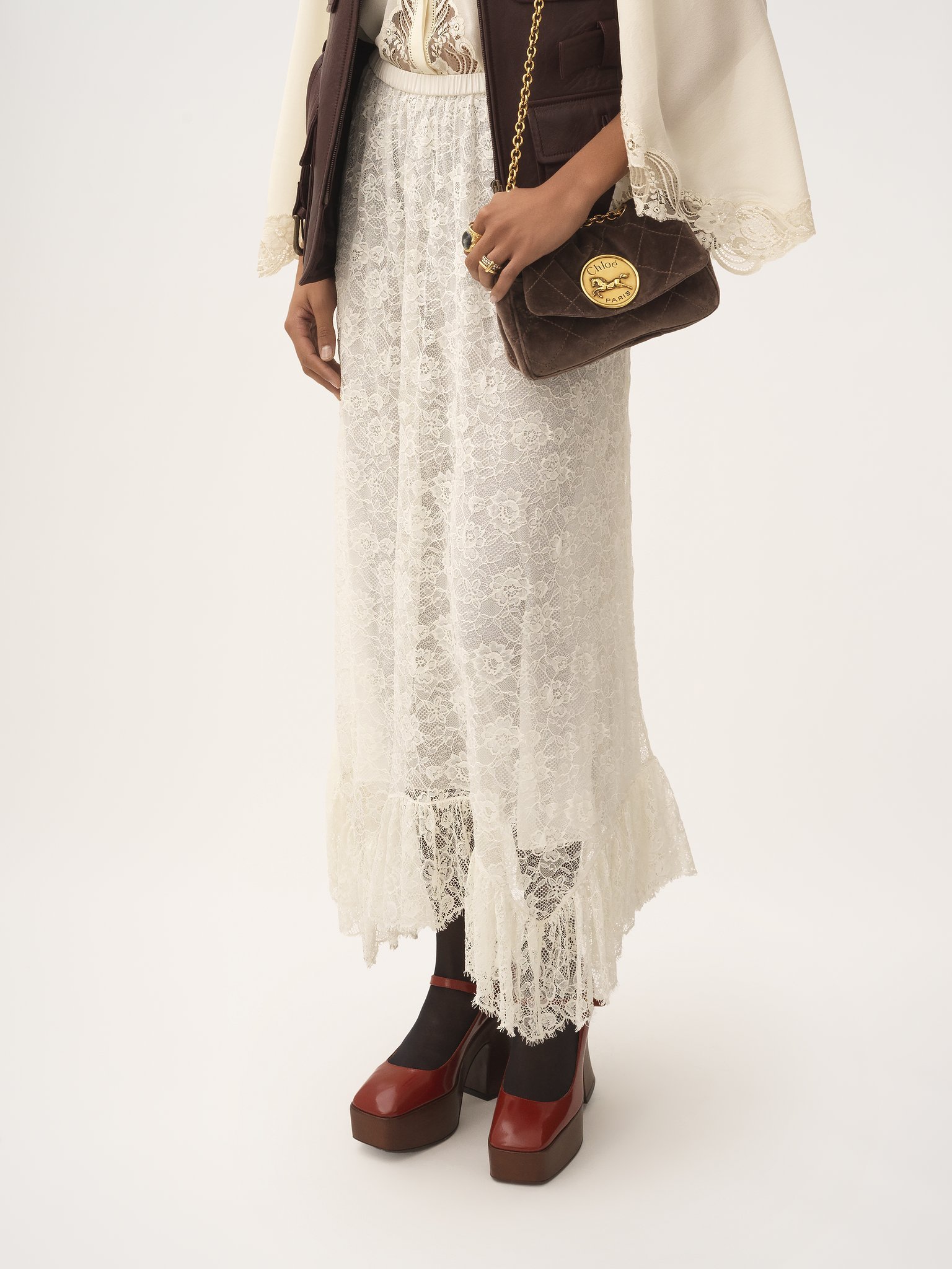 Chloé Floral Lace Jacquard Ruffle Midi Skirt In White