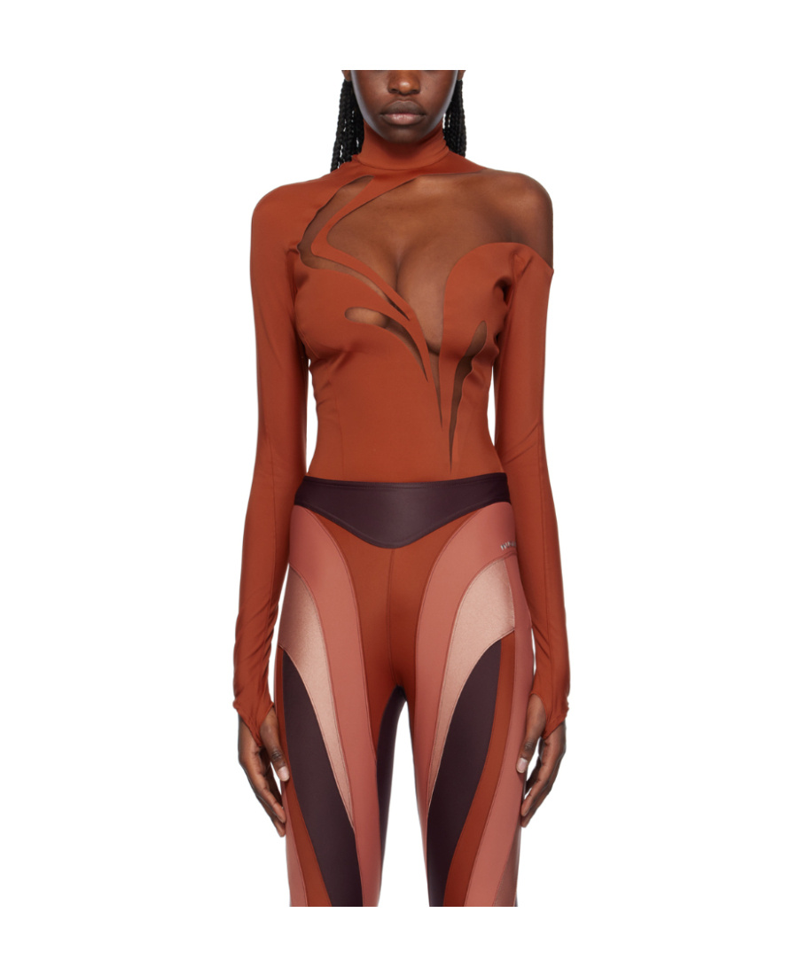 Mugler Long-sleeved High-collar Jumpsuit In Brown