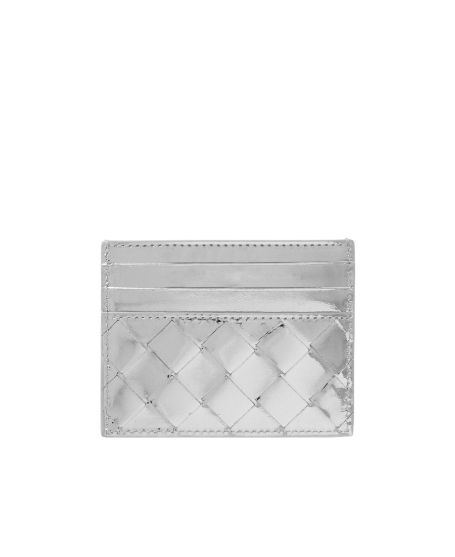 Bottega Veneta Intrecciato Metallic Leather Cardholder In Gray