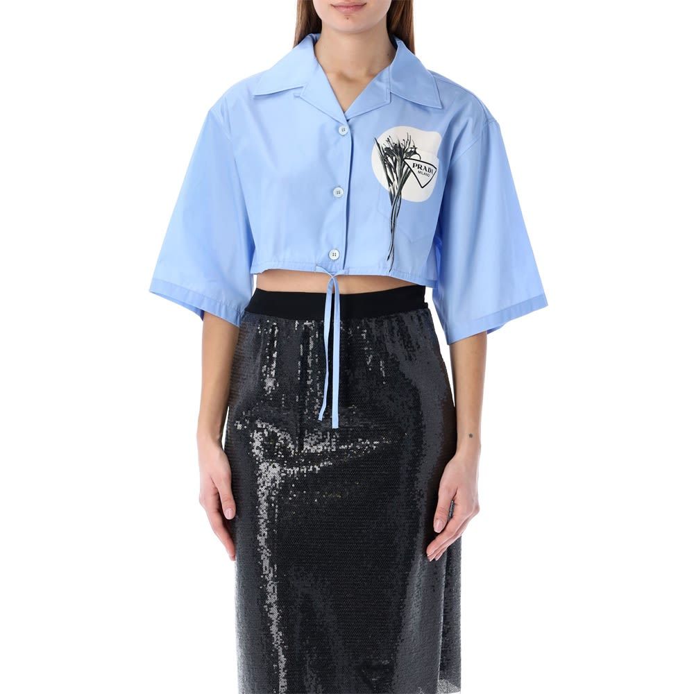 Prada Drawstring-waist Cropped Shirt In Blue