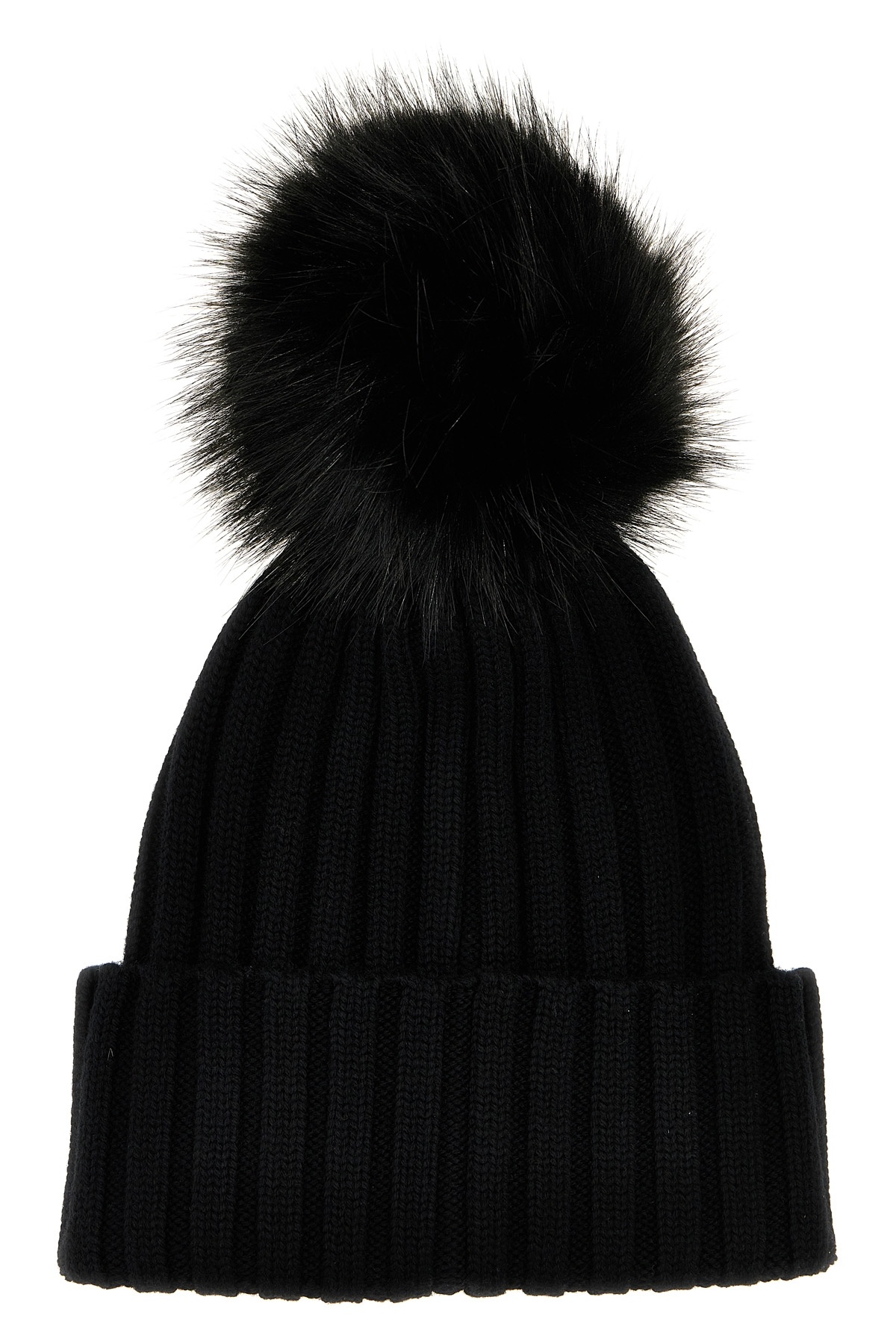 Moncler Ribbed Knit Wool Beanie With Faux Fur Pom-pom In Black