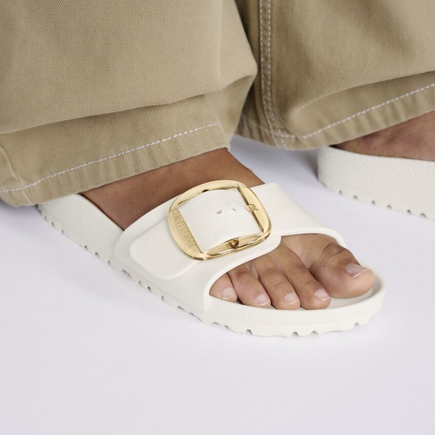 Shop Birkenstock Madrid Big Buckle Slides In Eggshell