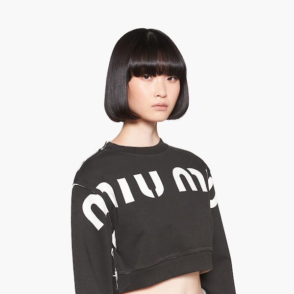 Miu Miu Logo-print Cropped Sweatshirt In Black