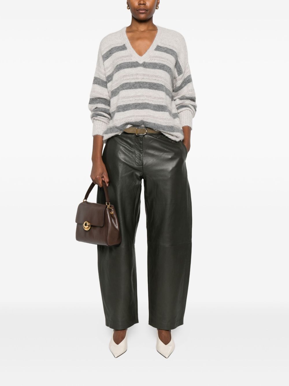 Twinset Horizontal Striped Knit Sweater With V-neckline In Multi