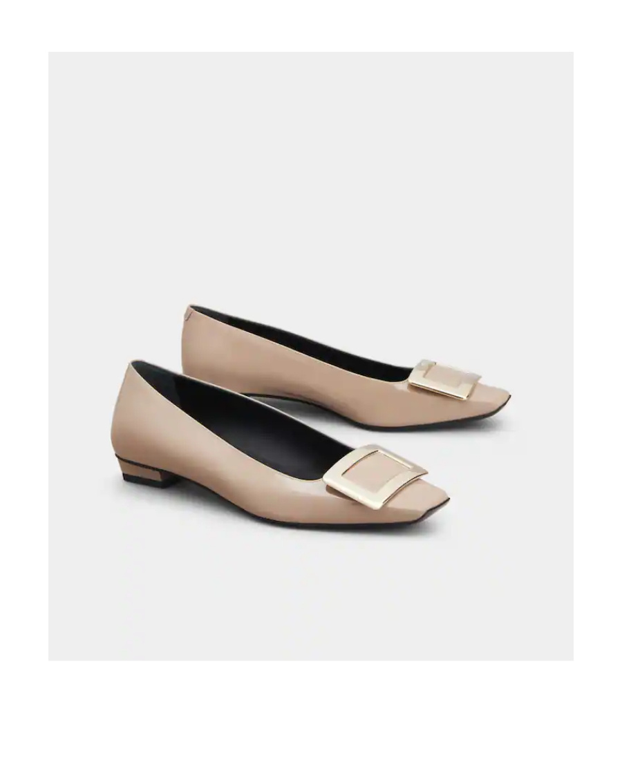Roger Vivier Belle Vivier Square Button Flat Sole Shoes In Nude