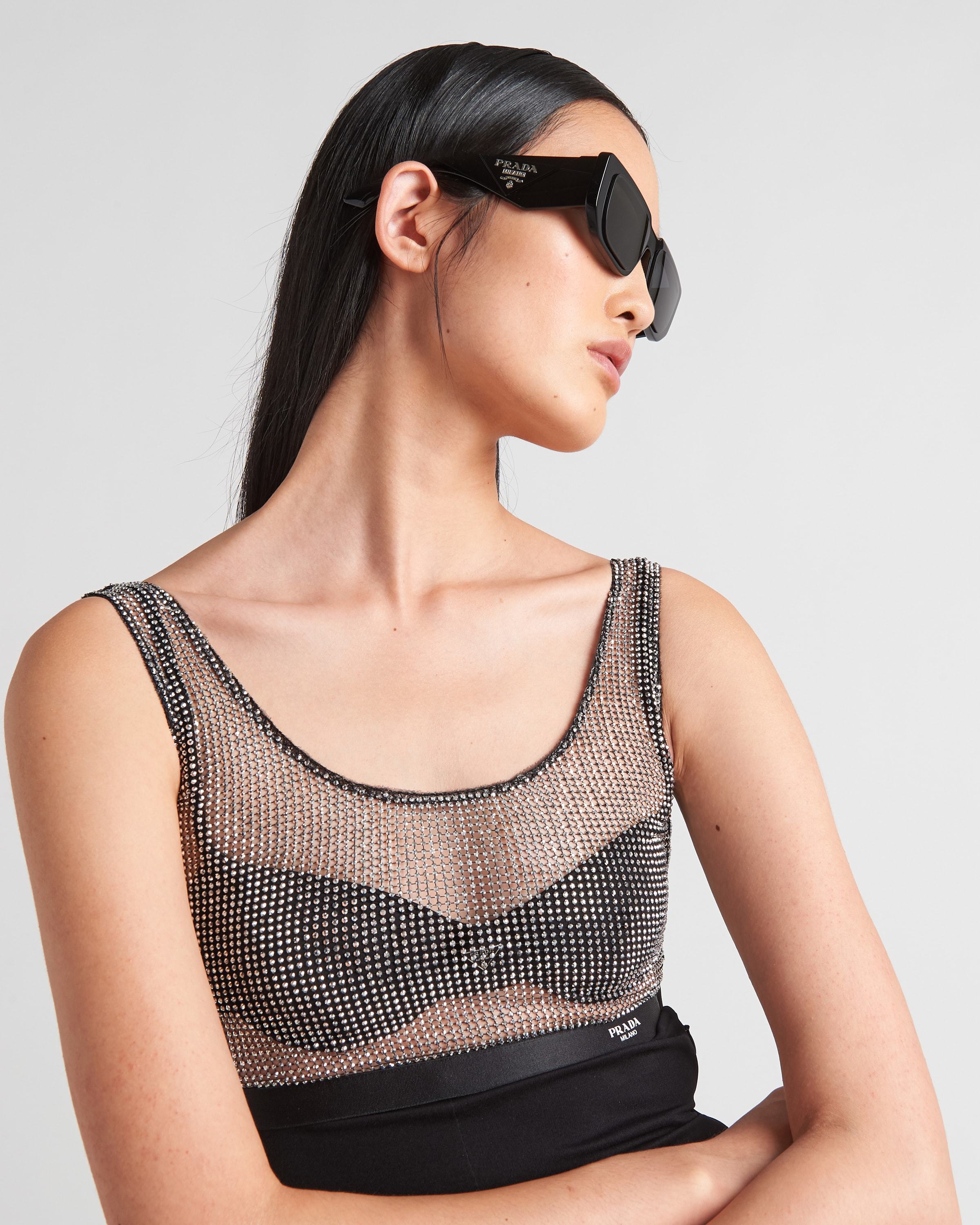 Prada Rhinestone-embellished Mesh Crop Top In Red Iron Color